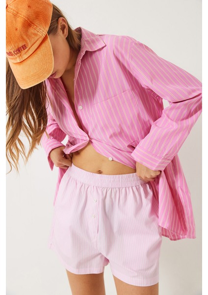 Kadın Tek Cep Detaylı Çizgili Poplin Gömlek