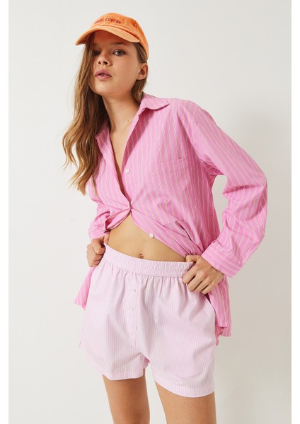 Kadın Tek Cep Detaylı Çizgili Poplin Gömlek fiyatları