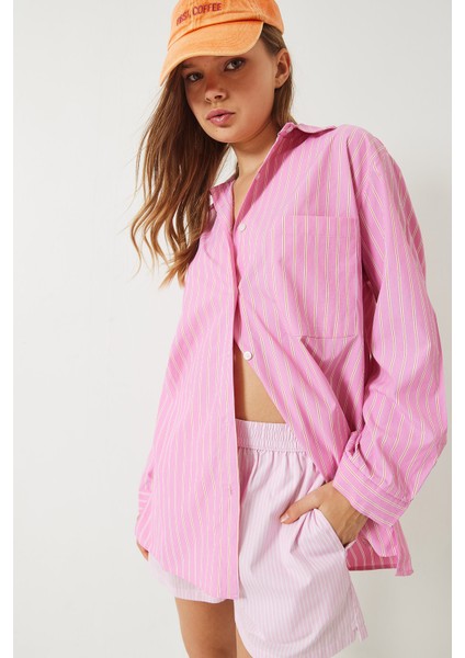 Kadın Tek Cep Detaylı Çizgili Poplin Gömlek modelleri