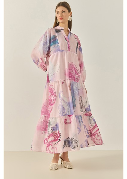 Kadın V Yaka Desenli Astarlı Volanlı Uzun Keten Elbise