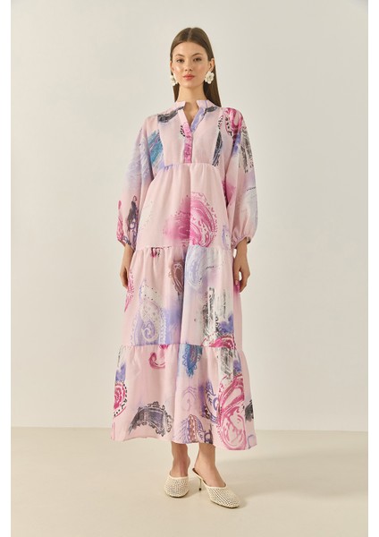 Kadın V Yaka Desenli Astarlı Volanlı Uzun Keten Elbise fiyatları