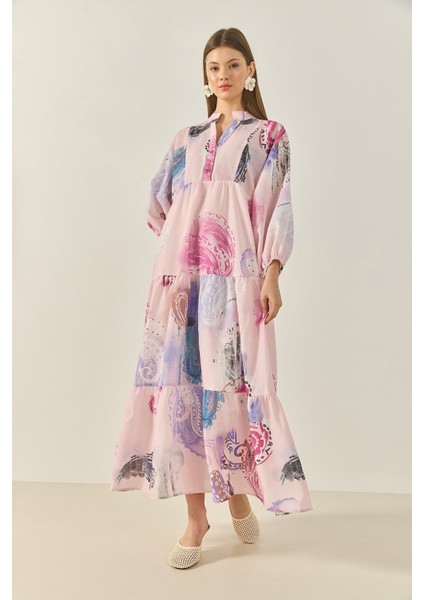 Kadın V Yaka Desenli Astarlı Volanlı Uzun Keten Elbise modelleri