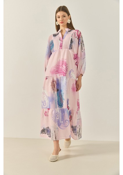 Kadın V Yaka Desenli Astarlı Volanlı Uzun Keten Elbise fırsatları