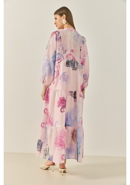 Kadın V Yaka Desenli Astarlı Volanlı Uzun Keten Elbise indirimleri