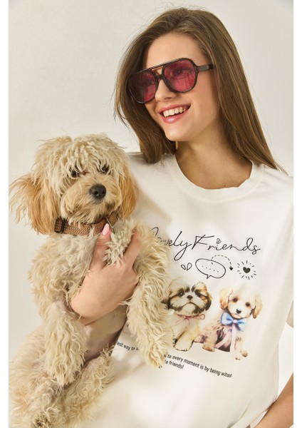 Kadın Yavru Köpek Premium Baskılı Oversize Pamuklu T-Shirt Öt