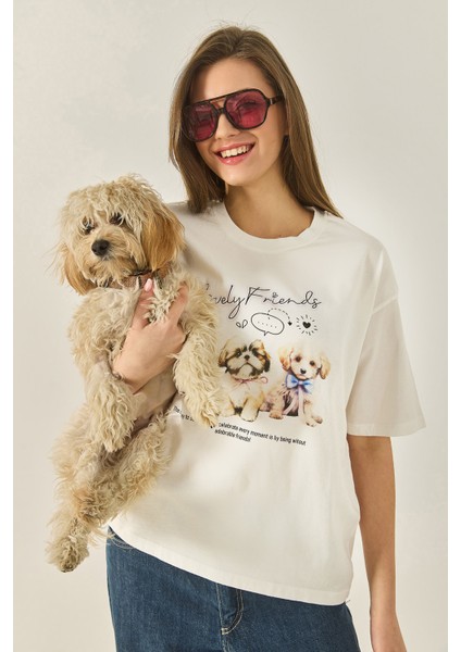 Kadın Yavru Köpek Premium Baskılı Oversize Pamuklu T-Shirt Öt fiyatları