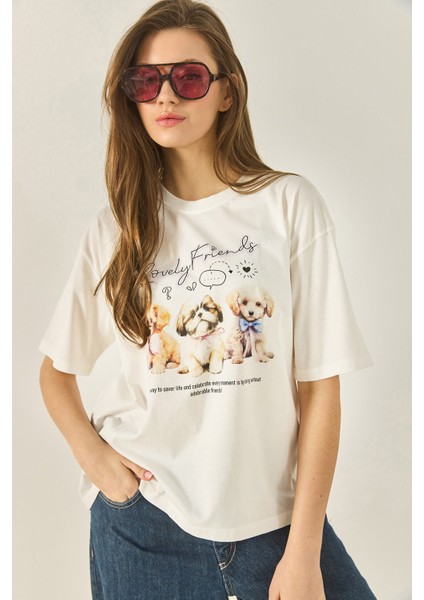 Kadın Yavru Köpek Premium Baskılı Oversize Pamuklu T-Shirt Öt fırsatları