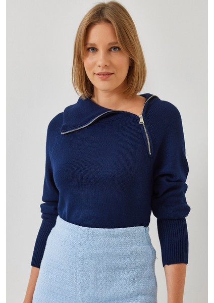 Kadın Fermuarlı Reglanlı Triko Kazak