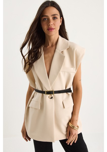 Kadın Cep Detaylı Kemerli Vatkalı Oversize Astarlı Blazer Yelek