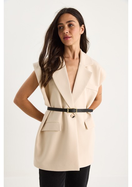 Kadın Cep Detaylı Kemerli Vatkalı Oversize Astarlı Blazer Yelek fiyatları