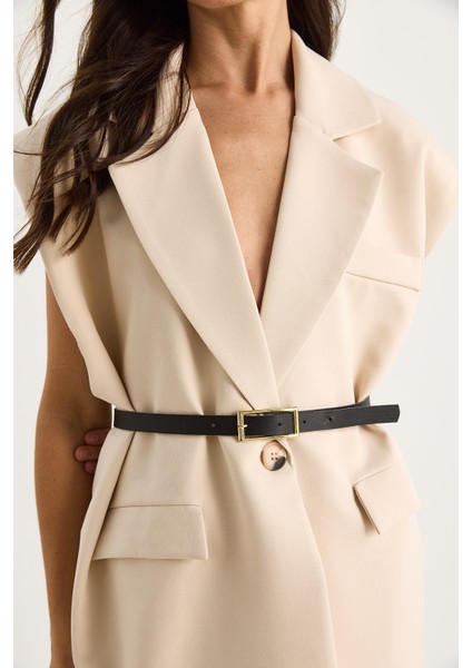 Kadın Cep Detaylı Kemerli Vatkalı Oversize Astarlı Blazer Yelek indirimleri