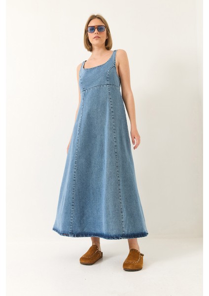 Kadın Geniş Yaka Askılı Kloş Denim Elbise modelleri