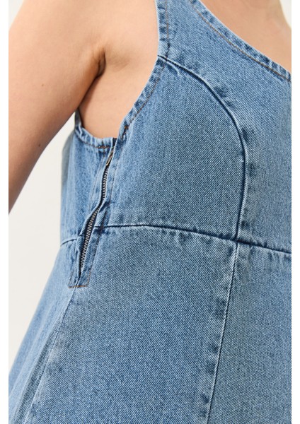 Kadın Geniş Yaka Askılı Kloş Denim Elbise fırsatları