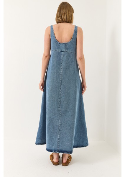 Kadın Geniş Yaka Askılı Kloş Denim Elbise indirimleri