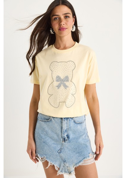 Kadın Teddy Kurdele Detaylı Taşlı T-Shirt
