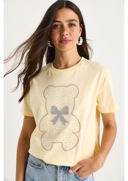 Kadın Teddy Kurdele Detaylı Taşlı T-Shirt modelleri