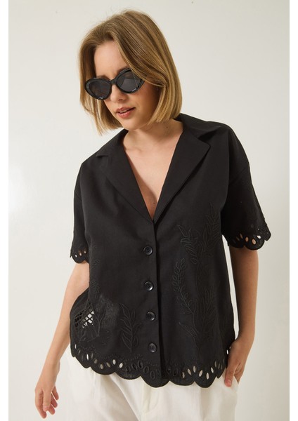 Kadın Ceket Yaka Ajurlu Kısa Kollu Nakışlı Keten Gömlek