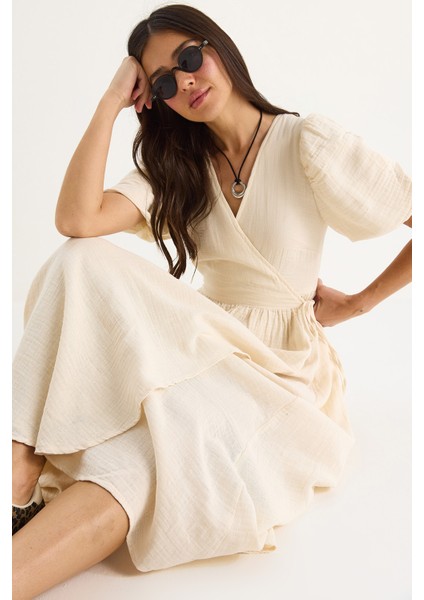 Kadın Kruvaze Kapamalı Balon Kollu Uzun Müslin Elbise