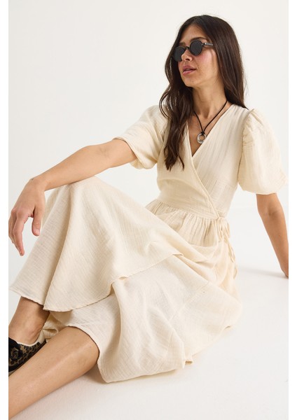 Kadın Kruvaze Kapamalı Balon Kollu Uzun Müslin Elbise fiyatları