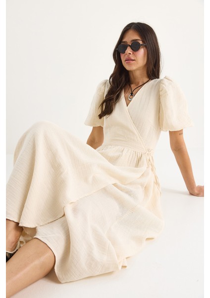 Kadın Kruvaze Kapamalı Balon Kollu Uzun Müslin Elbise modelleri