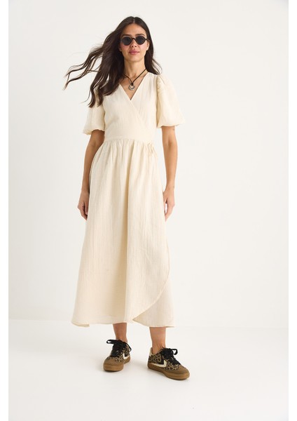 Kadın Kruvaze Kapamalı Balon Kollu Uzun Müslin Elbise fırsatları