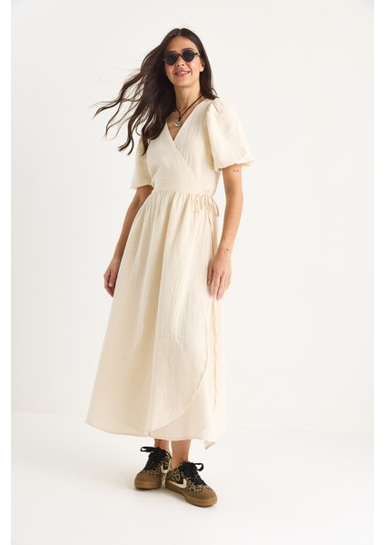 Kadın Kruvaze Kapamalı Balon Kollu Uzun Müslin Elbise