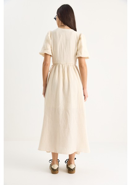 Kadın Kruvaze Kapamalı Balon Kollu Uzun Müslin Elbise