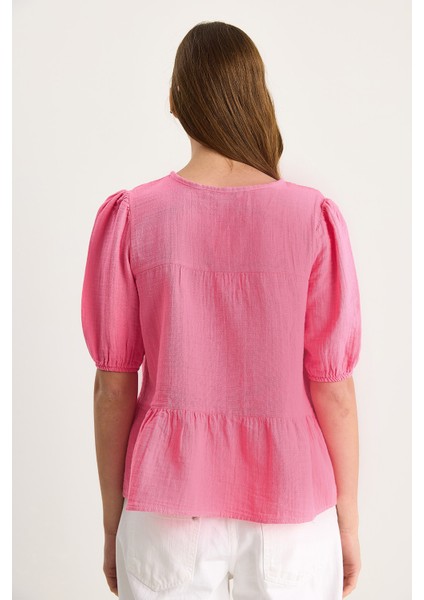 Kadın Yakası Bağlamalı Kolları Lastikli Müslin Bluz