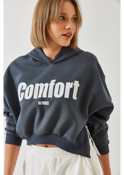 Kadın Üç Iplik Şardonlu Yanları Fermuarlı Crop Sweatshirt