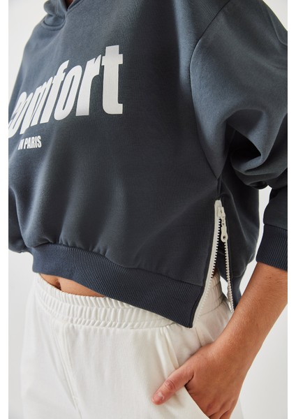 Kadın Üç Iplik Şardonlu Yanları Fermuarlı Crop Sweatshirt fiyatları