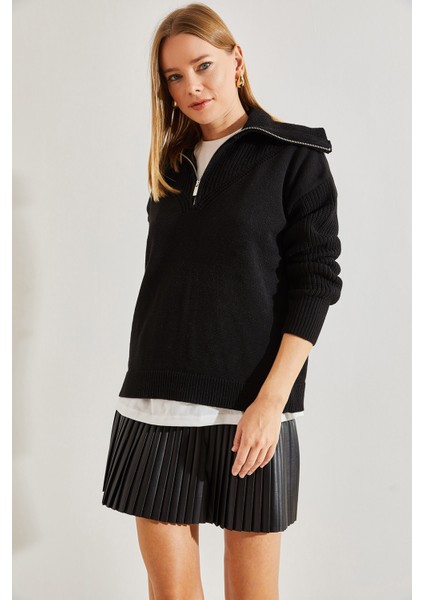 Kadın Balıkçı Yaka Fermuarlı Triko Kazak