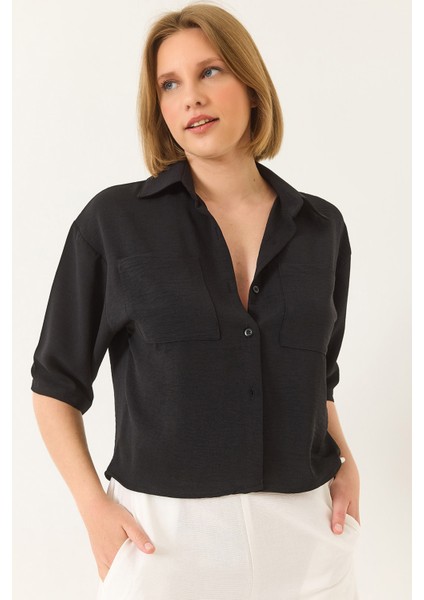 Kadın Çift Cep Detaylı Keten Aerobin Oversize Kısa Gömlek