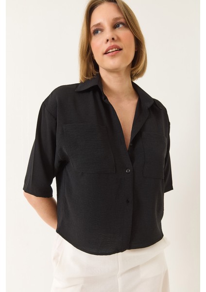 Kadın Çift Cep Detaylı Keten Aerobin Oversize Kısa Gömlek modelleri