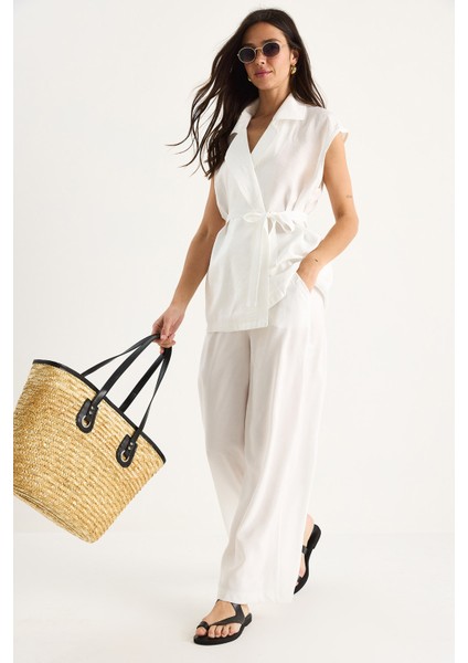 Kadın Kuşaklı Yelek Cep Detaylı Palazzo Pantolonlu Modal Takım