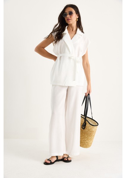 Kadın Kuşaklı Yelek Cep Detaylı Palazzo Pantolonlu Modal Takım fırsatları