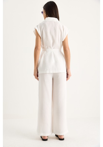 Kadın Kuşaklı Yelek Cep Detaylı Palazzo Pantolonlu Modal Takım