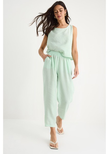 Kadın Kalın Askılı Bluz Beli Lastikli Pantolon Modal Takım