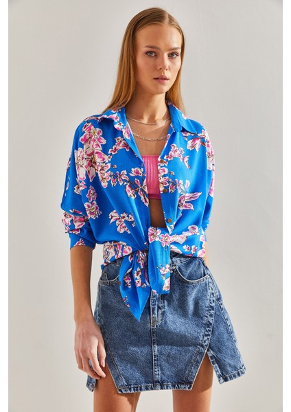 Kadın Çiçek Desenli Salaş Keten Gömlek