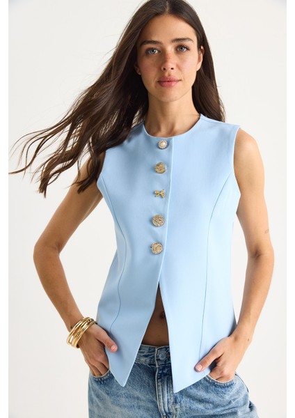 Kadın Regular Bisilet Yaka Gold Düğme Detaylı Astarlı Dokuma Yelek