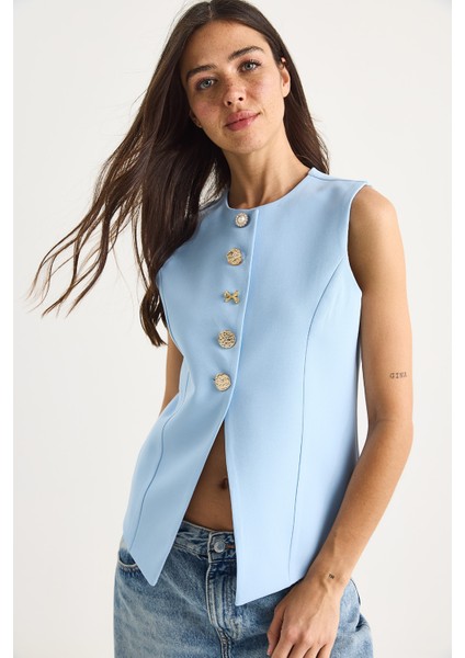 Kadın Regular Bisilet Yaka Gold Düğme Detaylı Astarlı Dokuma Yelek modelleri