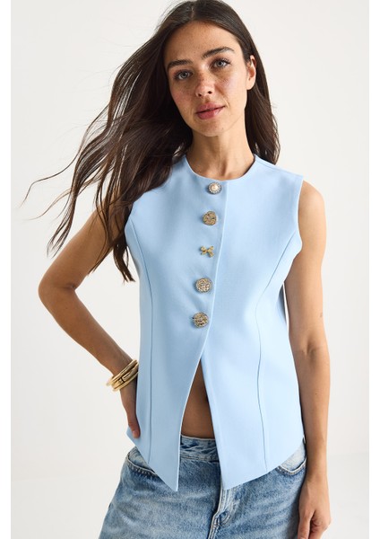 Kadın Regular Bisilet Yaka Gold Düğme Detaylı Astarlı Dokuma Yelek fırsatları