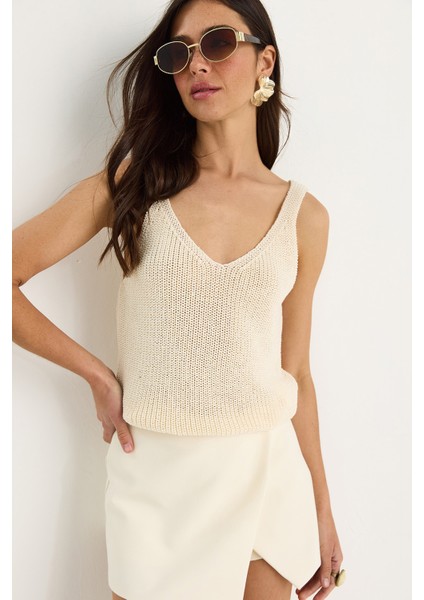 Kadın V Yaka Bel Detaylı Basic Triko Bluz