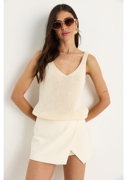 Kadın V Yaka Bel Detaylı Basic Triko Bluz fiyatları