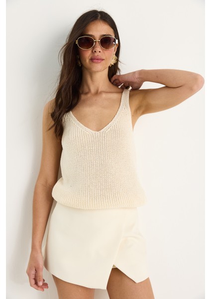 Kadın V Yaka Bel Detaylı Basic Triko Bluz modelleri