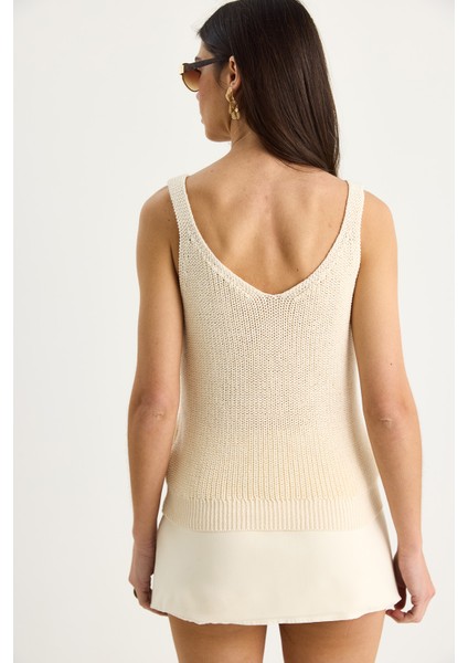 Kadın V Yaka Bel Detaylı Basic Triko Bluz