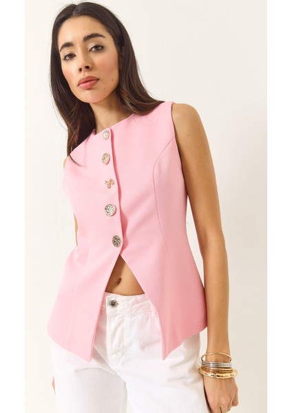 Kadın Regular Bisilet Yaka Gold Düğme Detaylı Astarlı Dokuma Yelek modelleri