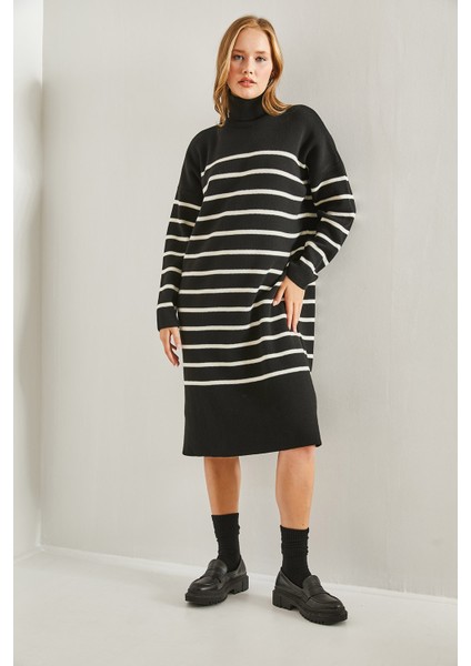 Kadın V Yakalı Yan Yırtmaçlı Çizgili Triko Elbise fiyatları