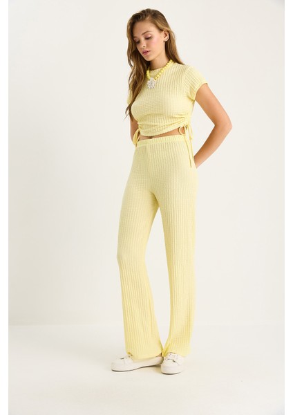 Kadın Yanları Bağlamalı Kısa Kollu Crop Gofre Alt-Üst Takım fiyatları