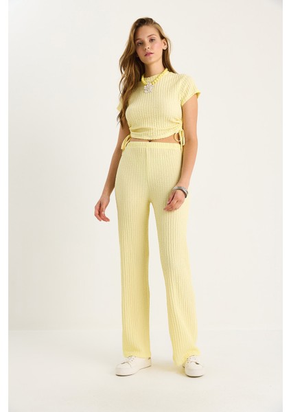 Kadın Yanları Bağlamalı Kısa Kollu Crop Gofre Alt-Üst Takım modelleri