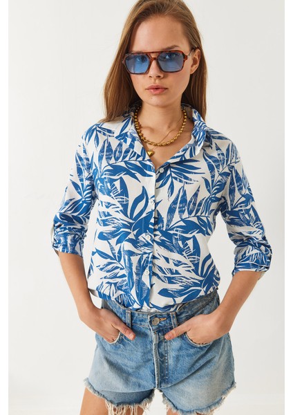 Kadın Kol Katlamalı Yaprak Desenli Viskon Gömlek fiyatları